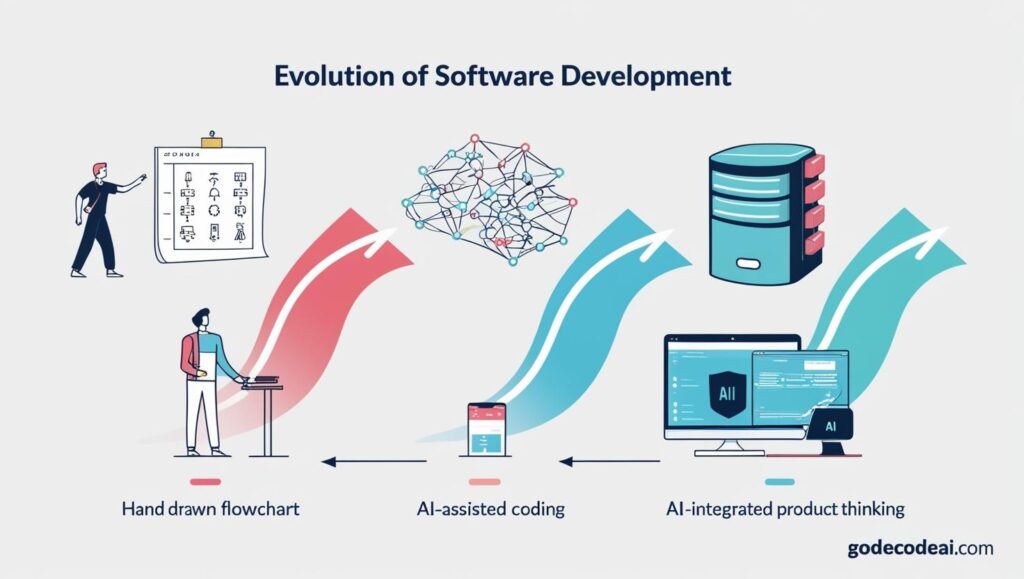evolution from manual coding → AI assisted coding → AI integrated product thinking