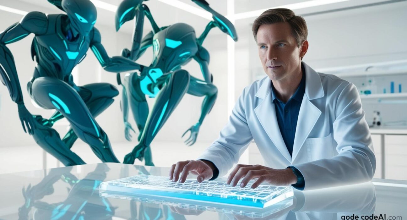 futuristic lab typing on a holographic keyboard