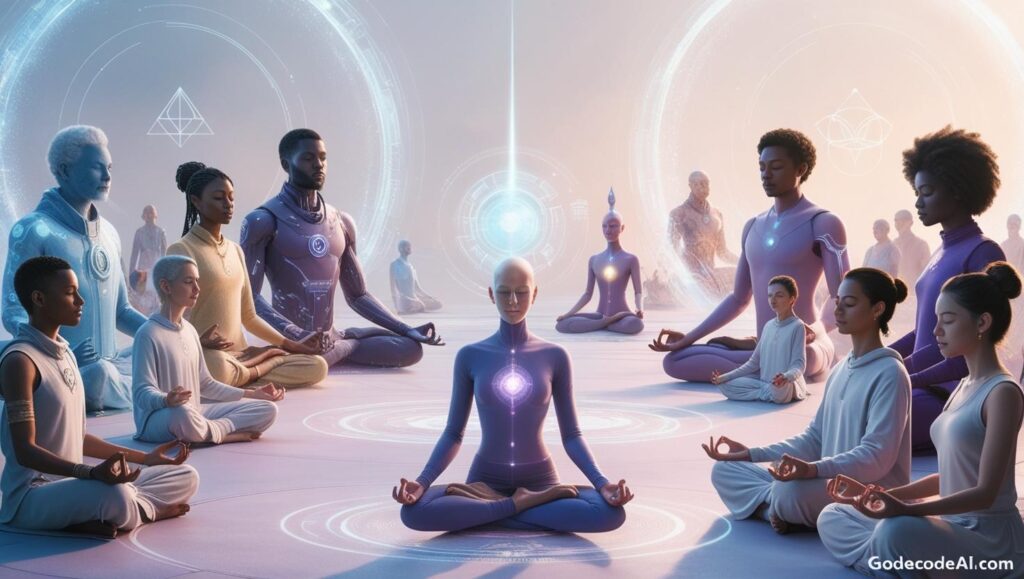 futuristic society where people are interacting with AI in a spiritual setting
