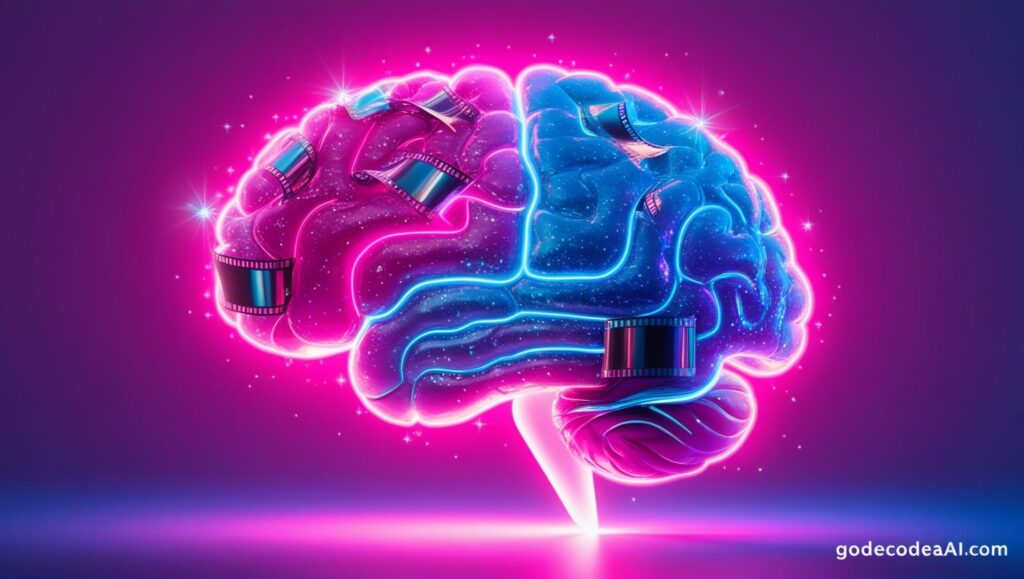 glowing brain made of pixels and film reels