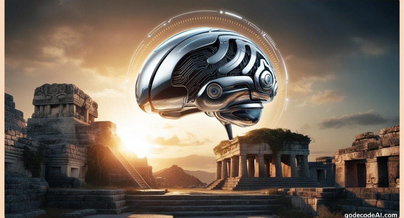 hovering over a temple or religious site, symbolizing the merging of technology and spirituality