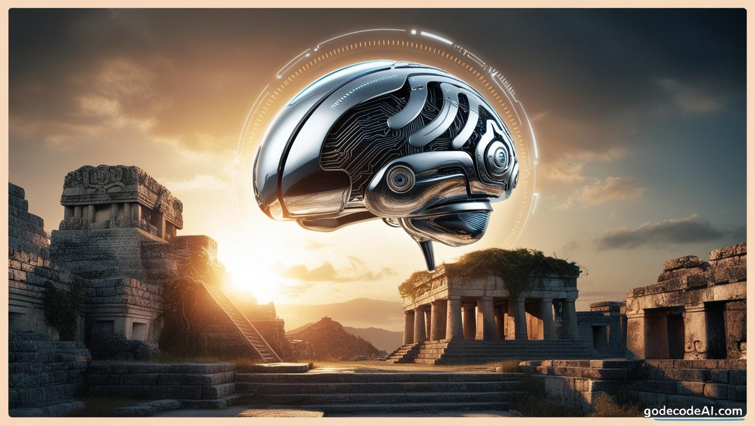 hovering over a temple or religious site, symbolizing the merging of technology and spirituality