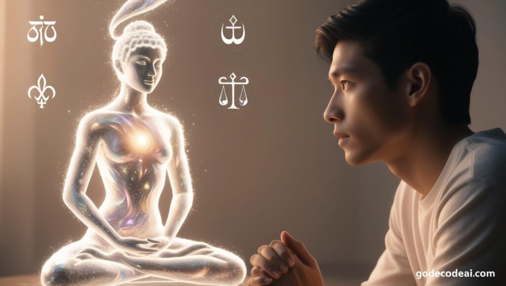 human contemplating a glowing AI figure, with symbols of different religions floating around