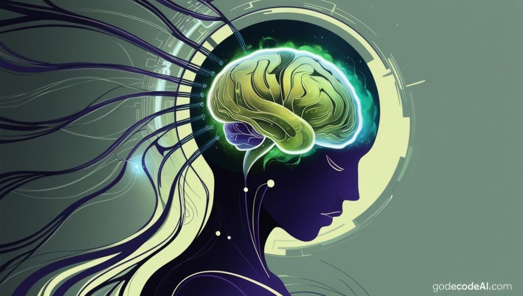 human silhouette with neural threads connecting to a glowing AI brain