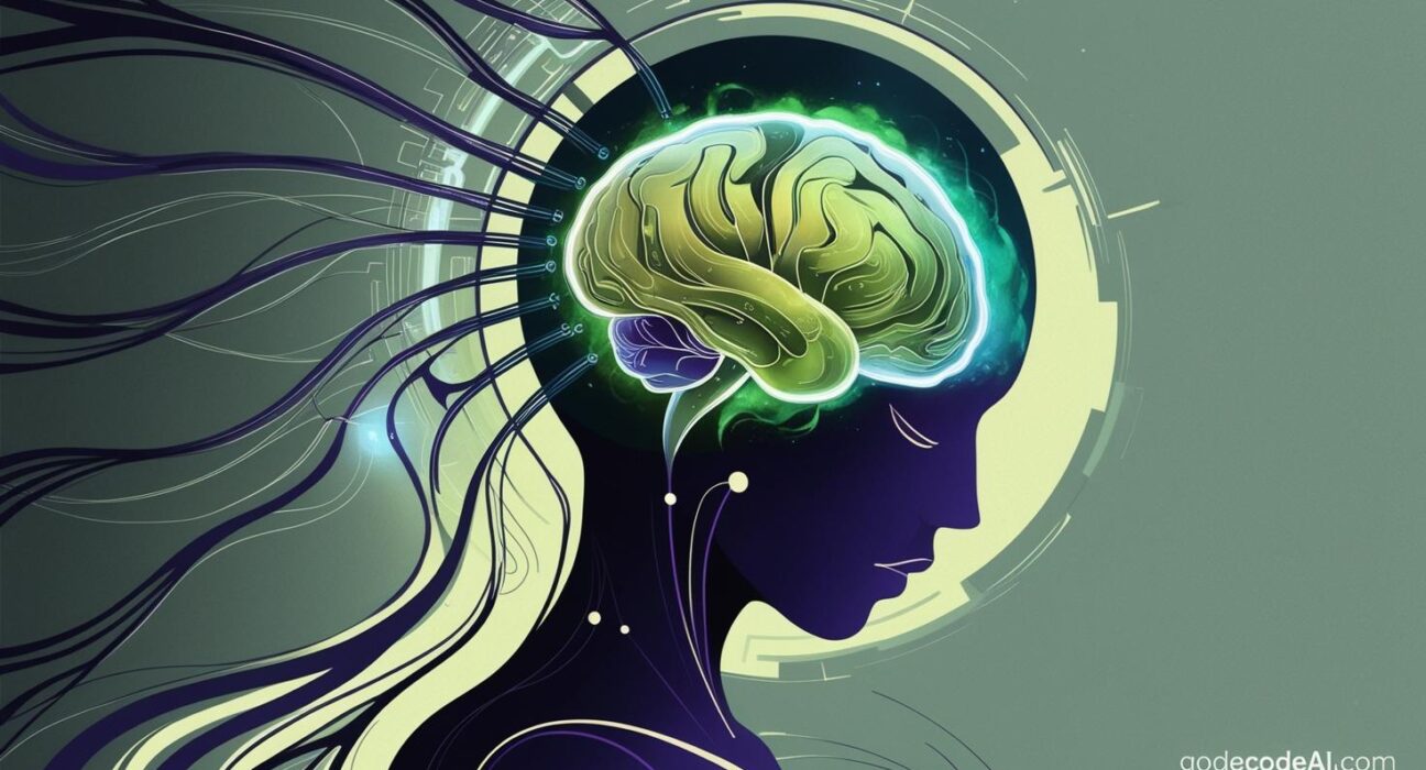 human silhouette with neural threads connecting to a glowing AI brain