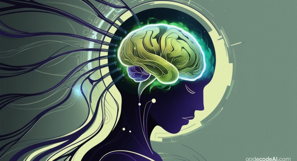 human silhouette with neural threads connecting to a glowing AI brain