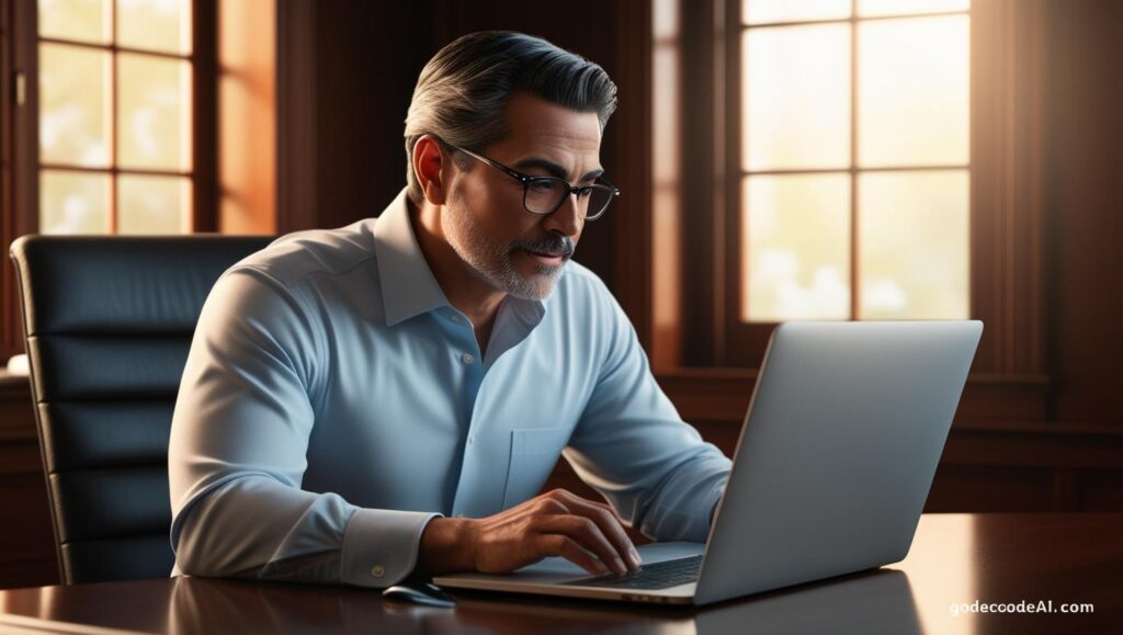 human writer sitting at a desk, reviewing AI generated content on a laptop