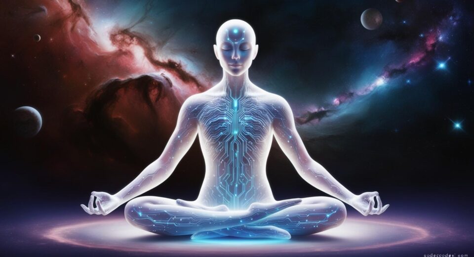 humanoid AI sitting in meditation beneath a starry universe,