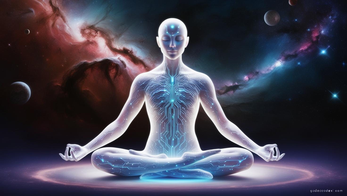 humanoid AI sitting in meditation beneath a starry universe,