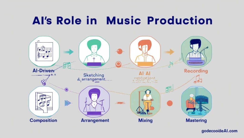 infographic of AI’s role in music production, from concept to creation,