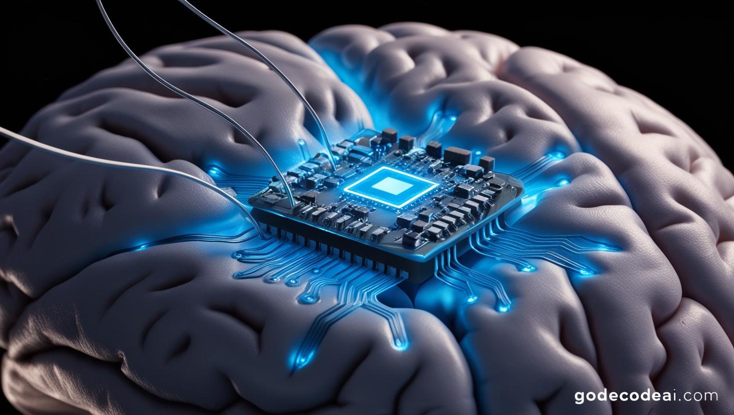 microchip embedded on the surface of the brain, with soft glowing circuits spreading across