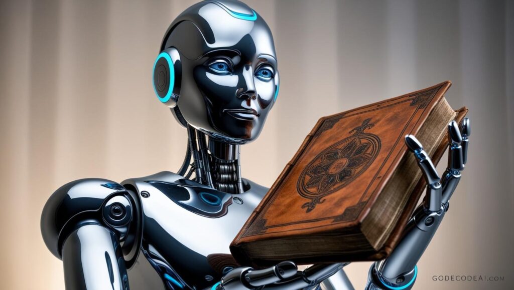 philosophical image of a robot holding a holy book with a contemplative expression