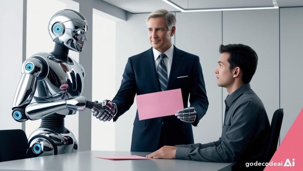 robot handing a junior dev a pink slip while shaking hands with a senior engineer