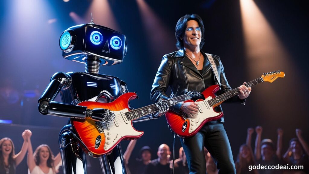 robot playing an electric guitar alongside a human musician on stage