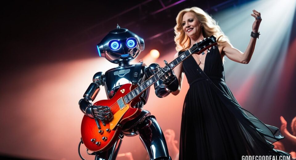 robot playing an electric guitar alongside a human musician on stage, both in sync