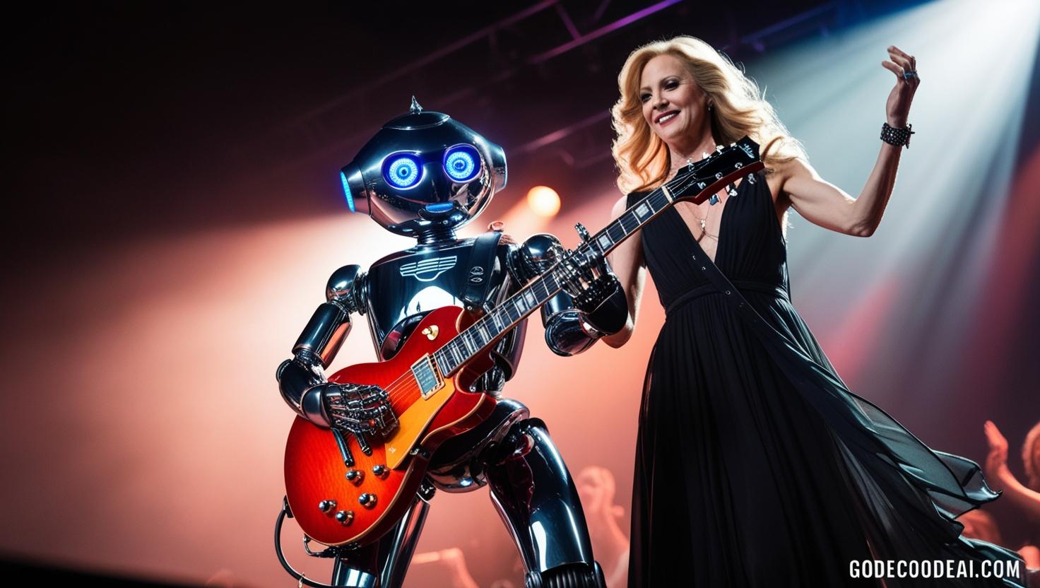 robot playing an electric guitar alongside a human musician on stage, both in sync