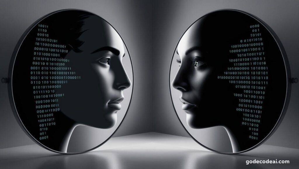 silhouette of a human face and an AI face reflected in opposite mirrors