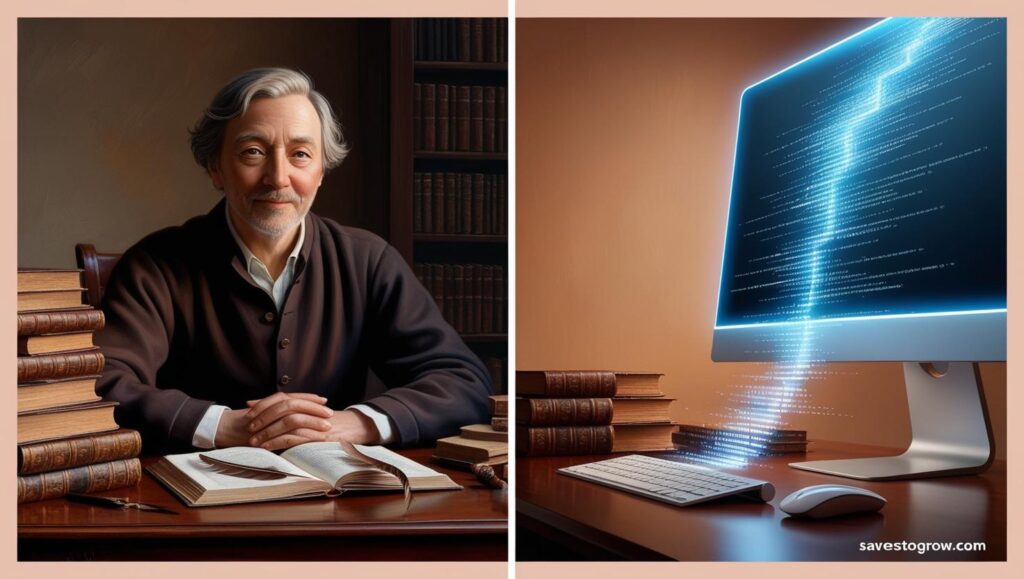 split image of a human poet at a desk, surrounded by books, and an AI writing code on a screen