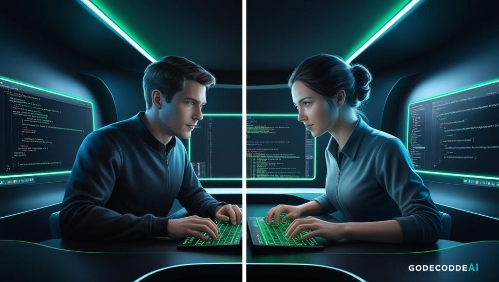 split screen of a developer and an AI assistant coding side by side in a dark futuristic IDE