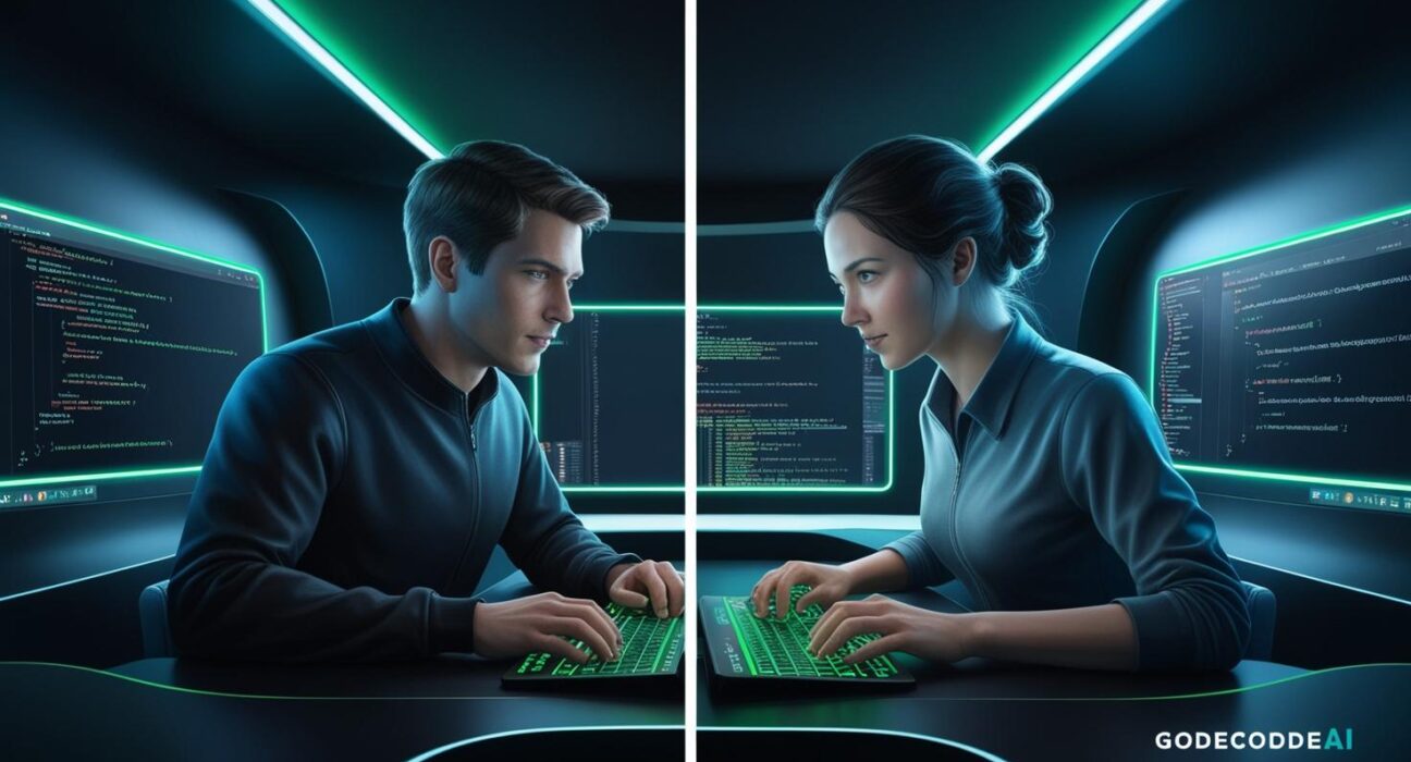 split screen of a developer and an AI assistant coding side by side in a dark futuristic IDE
