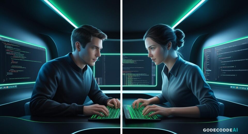 split screen of a developer and an AI assistant coding side by side in a dark futuristic IDE