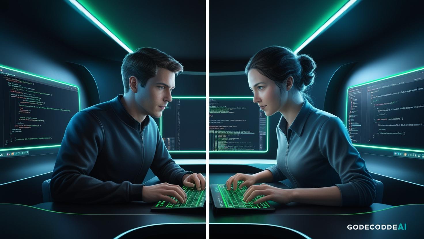 split screen of a developer and an AI assistant coding side by side in a dark futuristic IDE