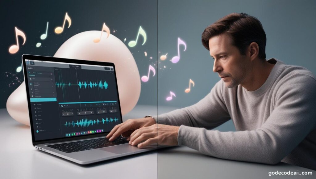 split screen of an artist creating a track on a laptop while AI generated music floats in the background