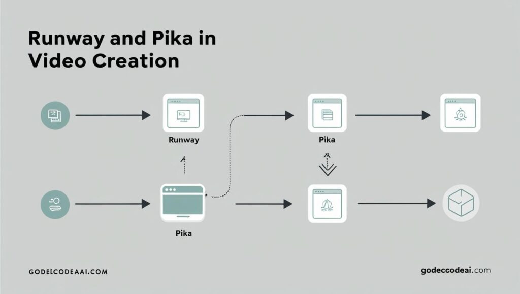 storyboard with arrows showing how Runway and Pika
