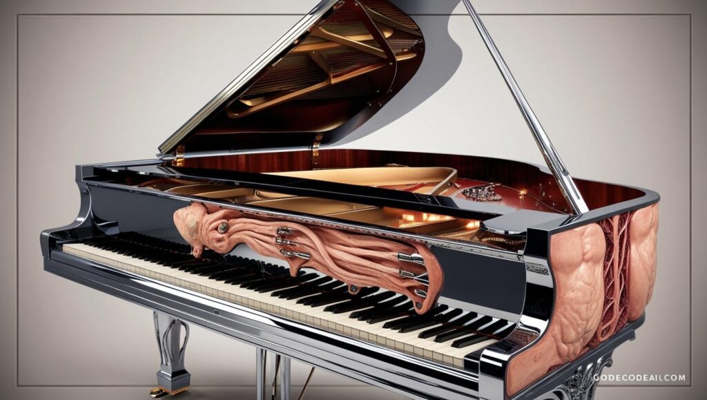 surreal image of a piano, half machine and half human