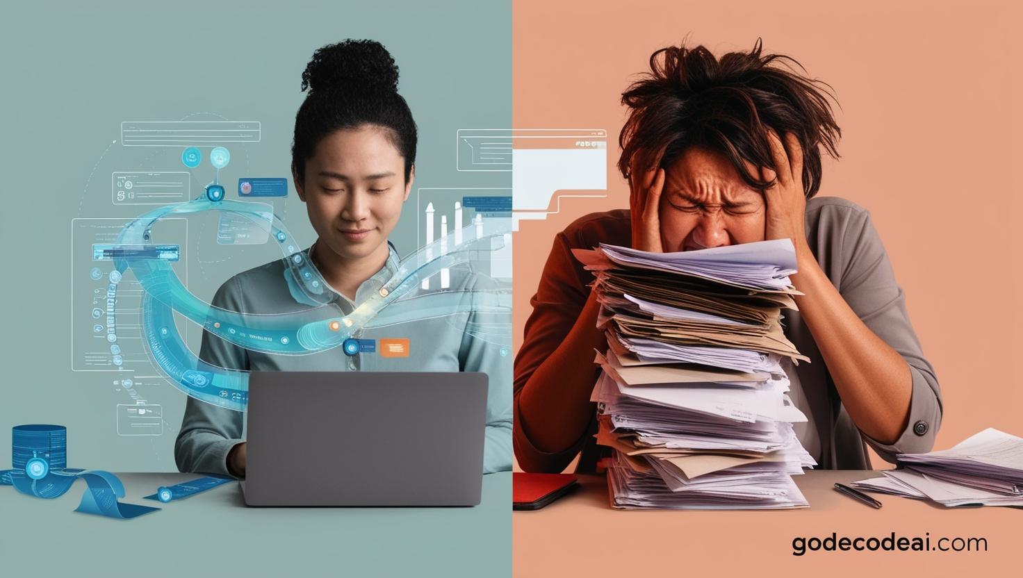 two humans one enhanced with AI (multi tasking, learning, calm) vs one overwhelmed and analog