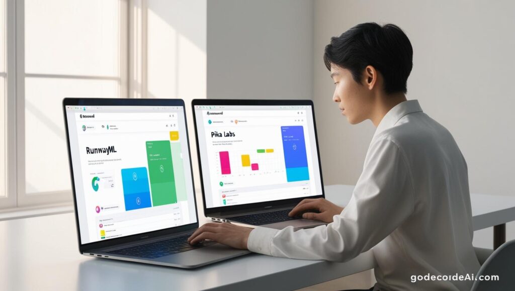 user working at a desk with both Runway and Pika Labs interfaces open