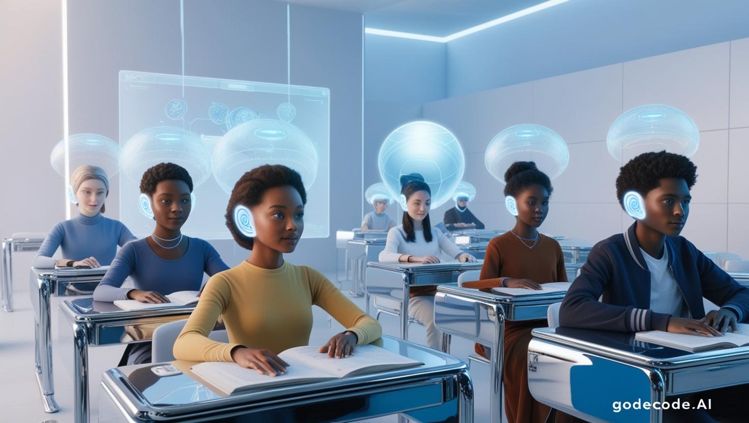 uturistic classroom where students “download” knowledge via neural implants