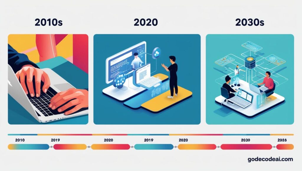 visual of 2010s coding (manual), 2020s (AI pair programming), 2030s (hybrid systems thinking)