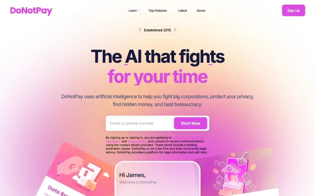 DoNotPay website, captured by us