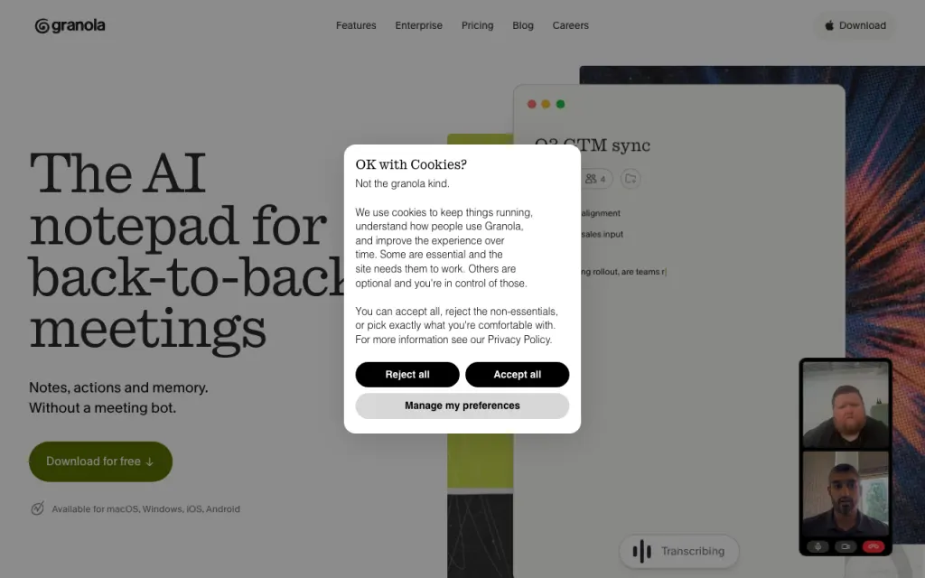 Granola website, captured by us
