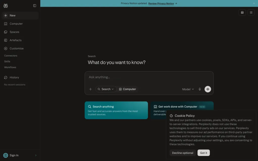 Perplexity website, captured by us